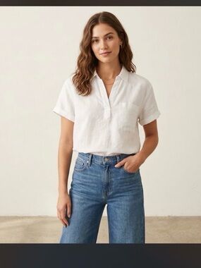 NWT $128 Johnnie-O Women's Popover Blouse White Linen blend Vita top sz S